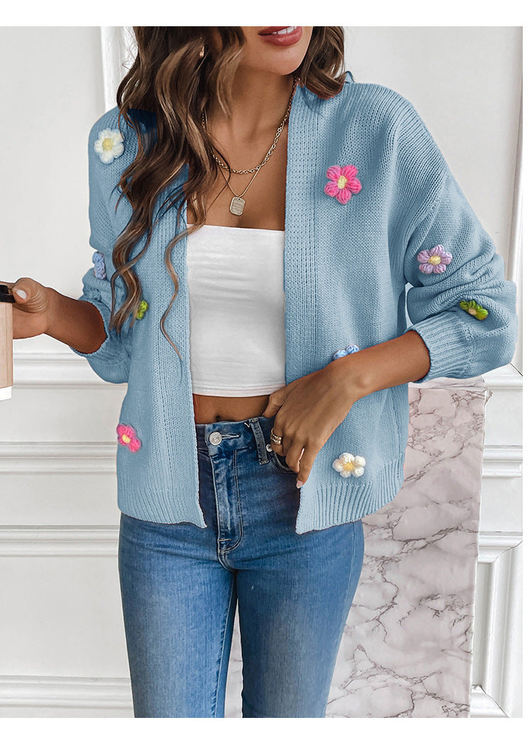 Foreign trade cross-border new hand hook flower sweet knitted cardigan sweater coat women's lazy casual loose sweater