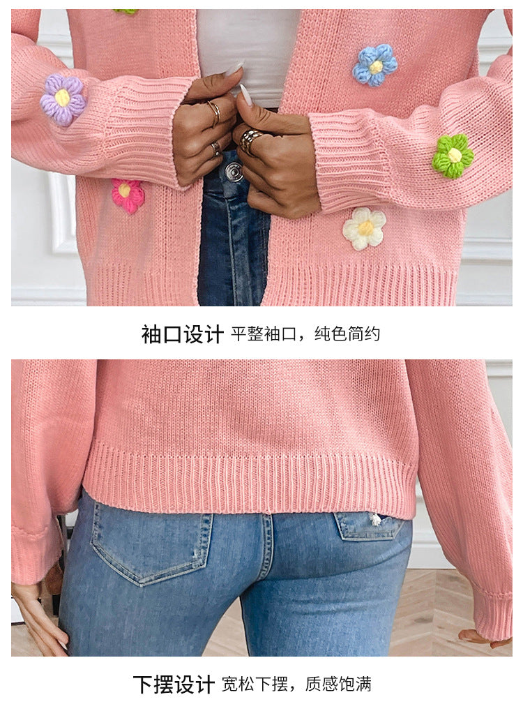 Foreign trade cross-border new hand hook flower sweet knitted cardigan sweater coat women's lazy casual loose sweater