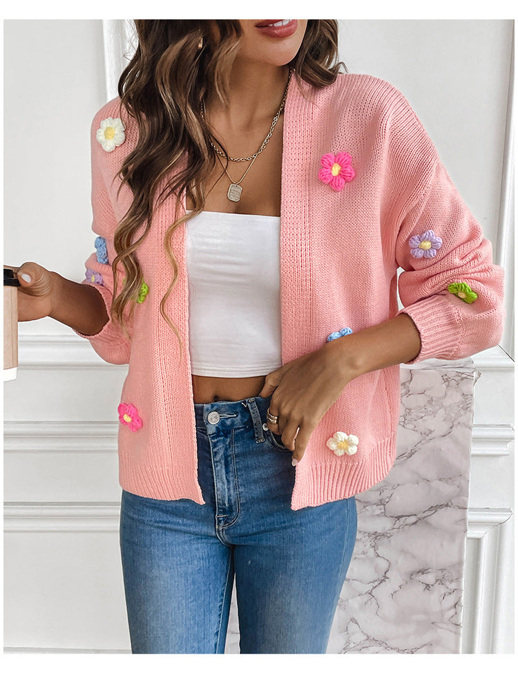 Foreign trade cross-border new hand hook flower sweet knitted cardigan sweater coat women's lazy casual loose sweater