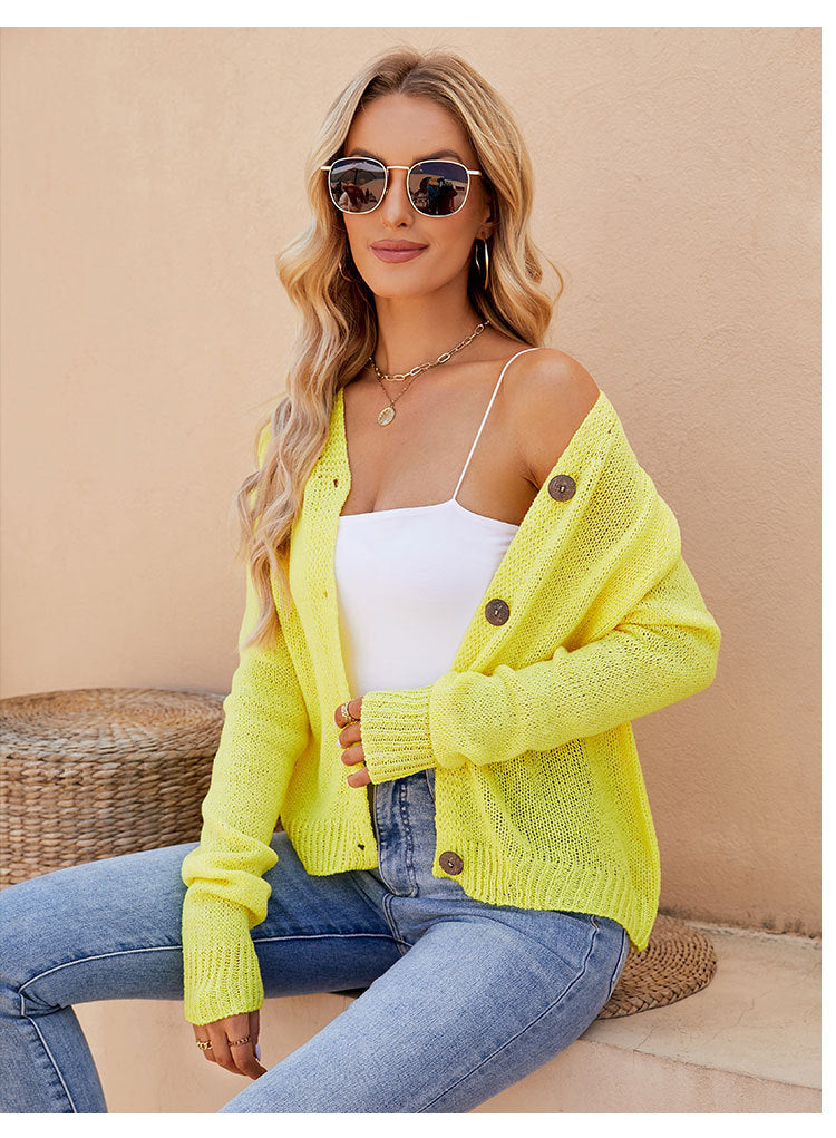 Foreign Trade 2024 Spring and Summer Women's Clothing European and American Casual Raglan Sleeve Knitted Thin Outwear Fluorescent Pink V Neck Knitted Cardigan