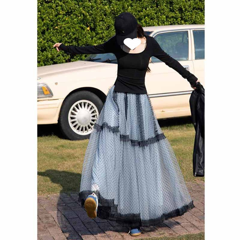 Designed Mesh Large Hem Umbrella Skirt for Women Summer French Romantic Fairy Long Skirt Polka Dot Skirt