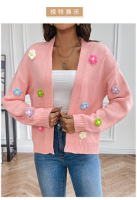 Foreign trade cross-border new hand hook flower sweet knitted cardigan sweater coat women's lazy casual loose sweater