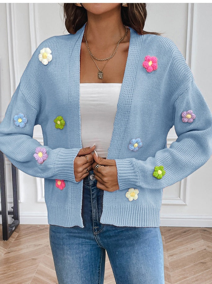 Foreign trade cross-border new hand hook flower sweet knitted cardigan sweater coat women's lazy casual loose sweater