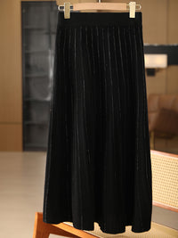 25 Autumn/Winter 100% Pure Wool Knitted Shiny Silk Midi Skirt for Women High Waist Mid-Length Red Skirt Sparkling A-Line Umbrella Skirt