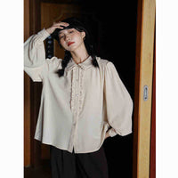 Apricot Ruffled Doll Collar Blouse for Women 2024 Spring and Autumn Loose Lantern Sleeve Unique Top with an Artistic Style