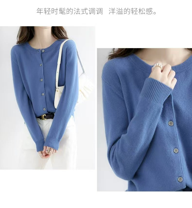 Autumn and Winter New Round Neck Knitted Cardigan Women's Loose Large Size Sweater Versatile Jacket Pure Color Bottoming Wool Jacket
