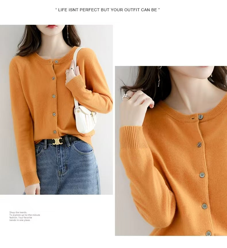 Autumn and Winter New Round Neck Knitted Cardigan Women's Loose Large Size Sweater Versatile Jacket Pure Color Bottoming Wool Jacket