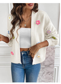 Foreign trade cross-border new hand hook flower sweet knitted cardigan sweater coat women's lazy casual loose sweater