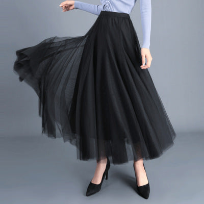 New Long Veil Skirt Oversized Puff Mesh Skirt Women's Spring and Summer High Waist Slim-Fit Pleated A- Line Fairy Skirt