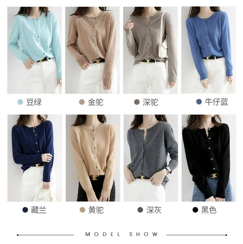 Autumn and Winter New Round Neck Knitted Cardigan Women's Loose Large Size Sweater Versatile Jacket Pure Color Bottoming Wool Jacket
