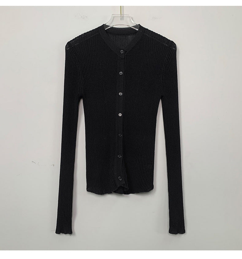South Korea Dongdaemun fashionable all-match slim-fit sexy black micro-transparent sun protection long-sleeved knitted cardigan top for women