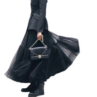 Mesh Skirt for Women 2025 Spring, Summer, and Autumn Long High-Waisted Ladylike Cake Skirt with Pleated Patchwork Midi Skirt with a Large Hem