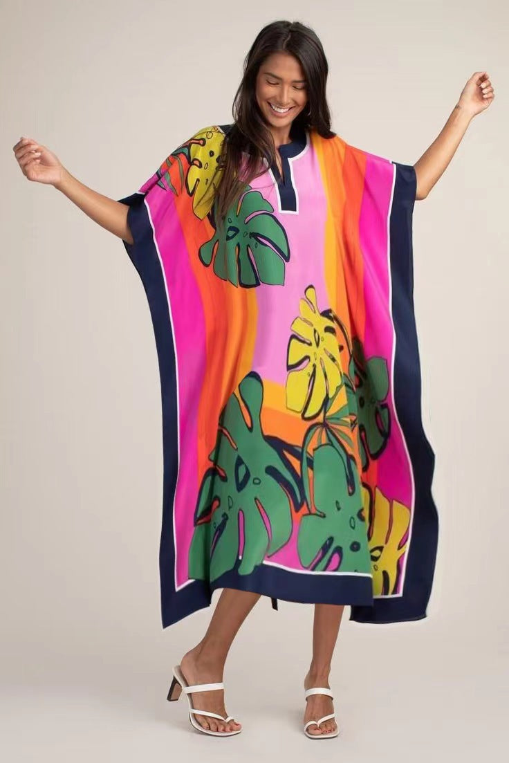 European and American New Positioning Printed Blouse Seaside Vacation Long Dress Loose Blouse Bikini Swimwear Long Gown Women