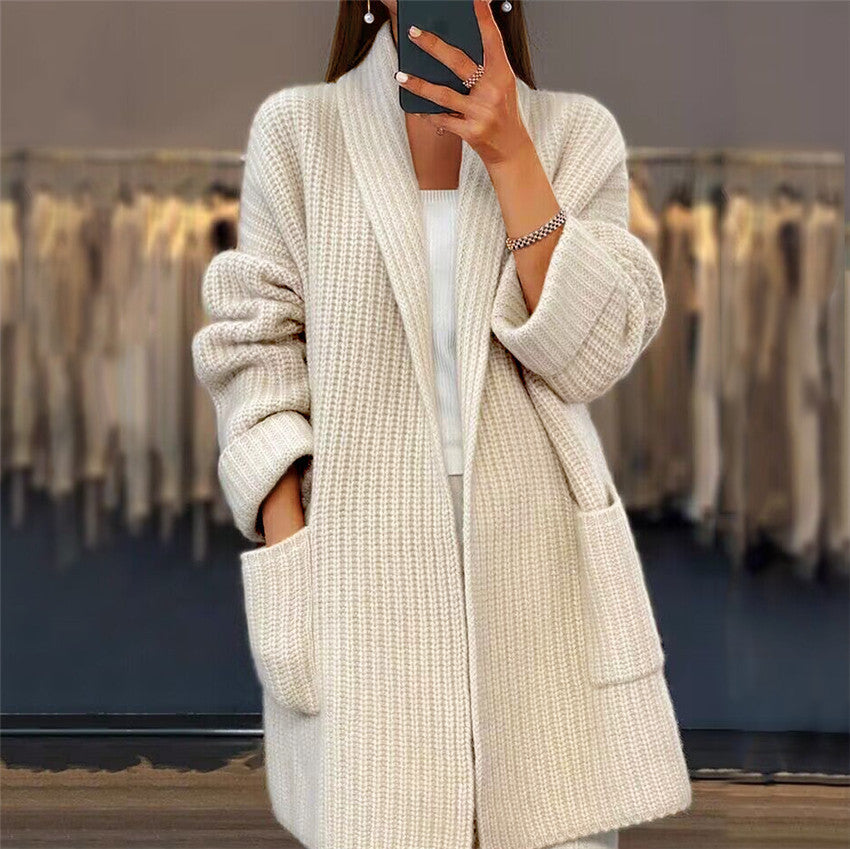 Foreign Trade Women's 2024 Autumn and Winter New Women's Thickened Solid Color V-neck Knitted Cardigan Loose Pocket Sweater Jacket