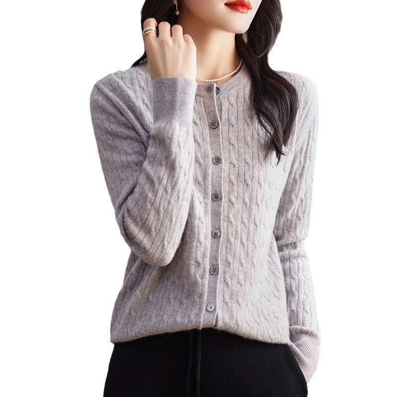 Retro Literary Elegant Slim Spring & Fall New Round Neck Knitted Cardigan Skin-friendly Soft Twist Sweater Jacket for Women