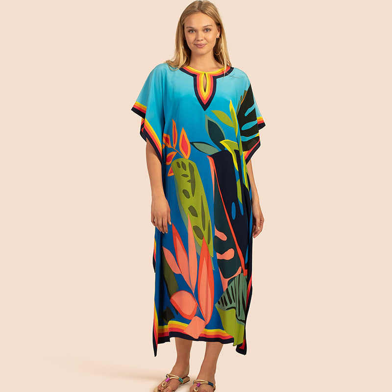 European and American New Positioning Printed Blouse Seaside Vacation Long Dress Loose Blouse Bikini Swimwear Long Gown Women