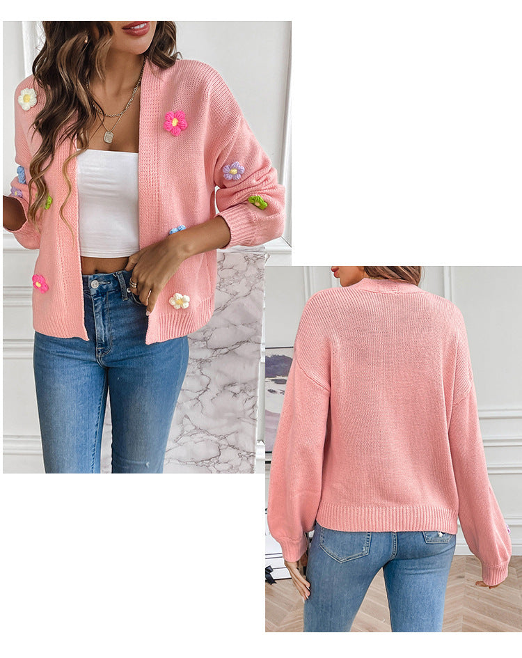Foreign trade cross-border new hand hook flower sweet knitted cardigan sweater coat women's lazy casual loose sweater
