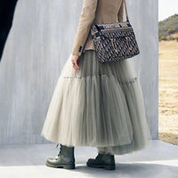 Mesh Skirt for Women 2025 Spring, Summer, and Autumn Long High-Waisted Ladylike Cake Skirt with Pleated Patchwork Midi Skirt with a Large Hem