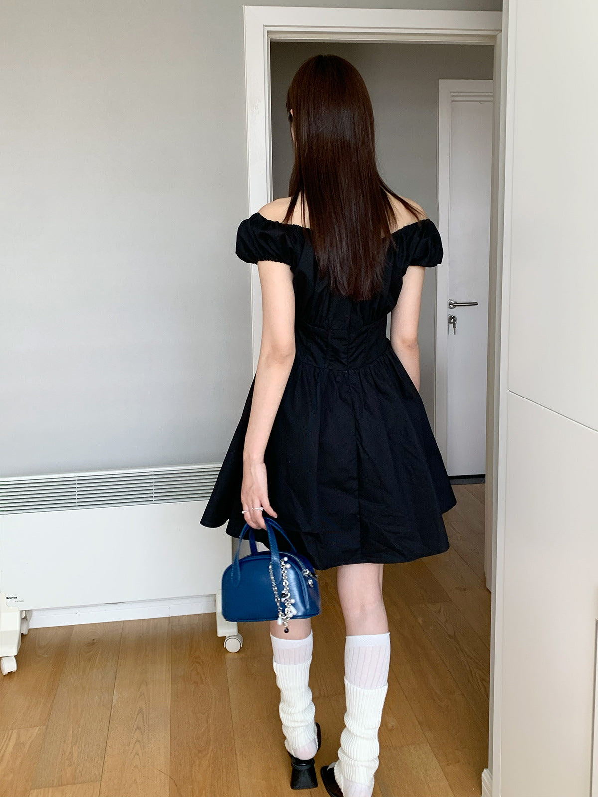 Dorothy Summer New French Style Romantic Little Black Dress with Line Collar and Lantern Sleeves Slimming Ballet Style dress Women