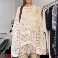 Lazy Style Star Loose Long-Sleeved Knitwear 2025 Women's Sexy Cut Out See-Through Pure Color Slimming Look Woolen Blouse