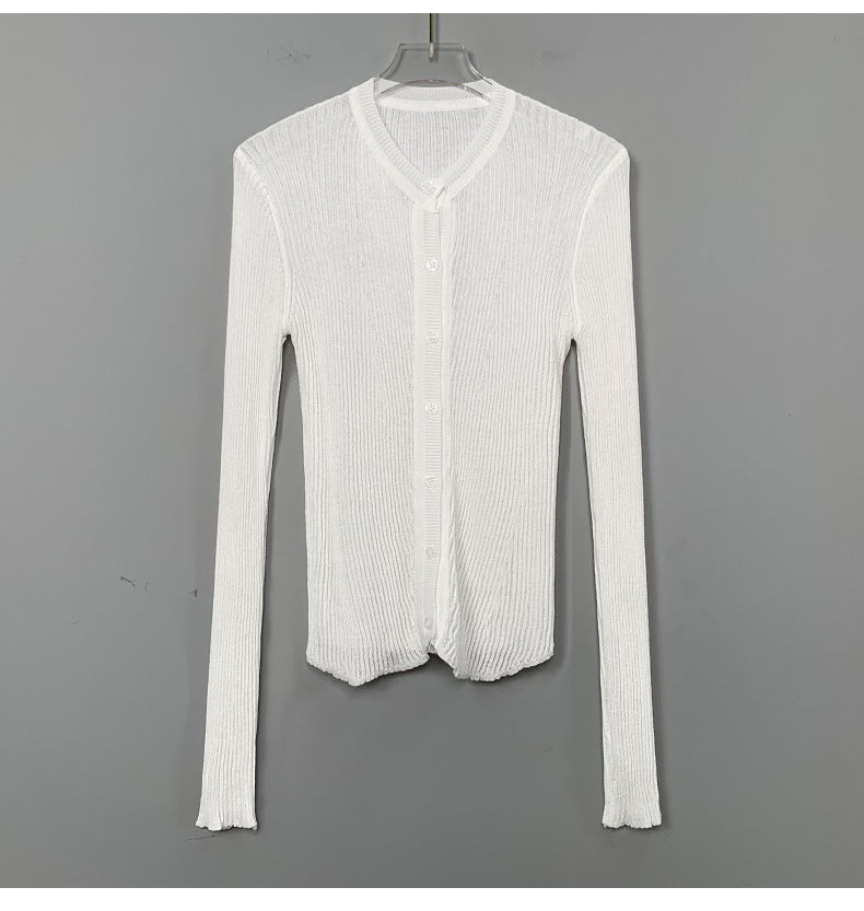 South Korea Dongdaemun fashionable all-match slim-fit sexy black micro-transparent sun protection long-sleeved knitted cardigan top for women