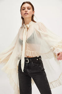 European and American women's fashion sexy perspective blouse top 2025 summer new horn sleeve design French lace