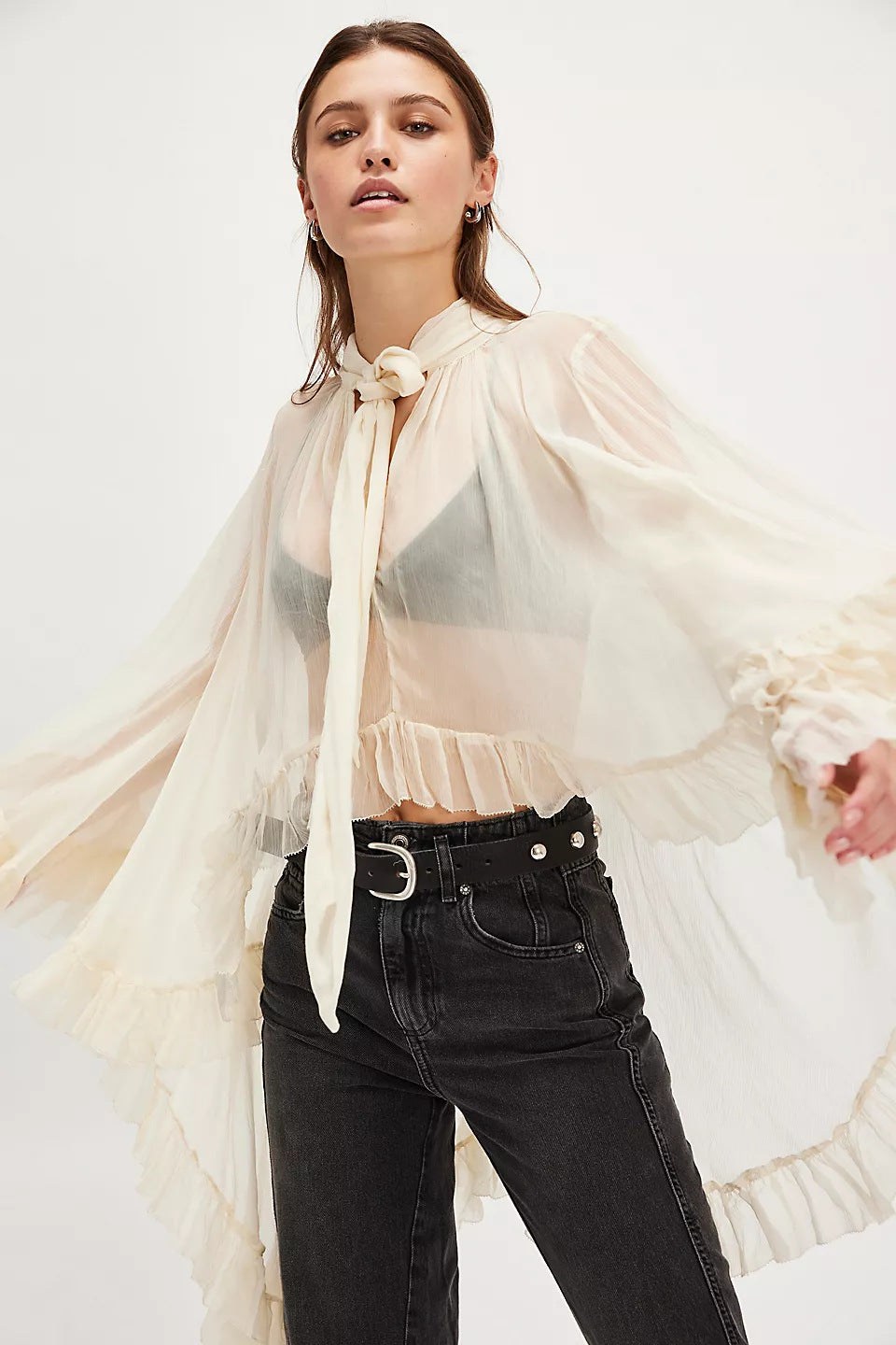 European and American women's fashion sexy perspective blouse top 2025 summer new horn sleeve design French lace