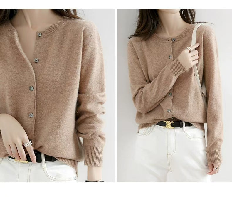 Autumn and Winter New Round Neck Knitted Cardigan Women's Loose Large Size Sweater Versatile Jacket Pure Color Bottoming Wool Jacket