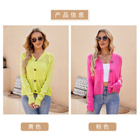Foreign Trade 2024 Spring and Summer Women's Clothing European and American Casual Raglan Sleeve Knitted Thin Outwear Fluorescent Pink V Neck Knitted Cardigan