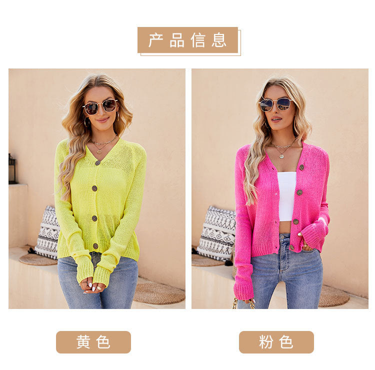 Foreign Trade 2024 Spring and Summer Women's Clothing European and American Casual Raglan Sleeve Knitted Thin Outwear Fluorescent Pink V Neck Knitted Cardigan