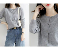 Autumn and Winter New Round Neck Knitted Cardigan Women's Loose Large Size Sweater Versatile Jacket Pure Color Bottoming Wool Jacket