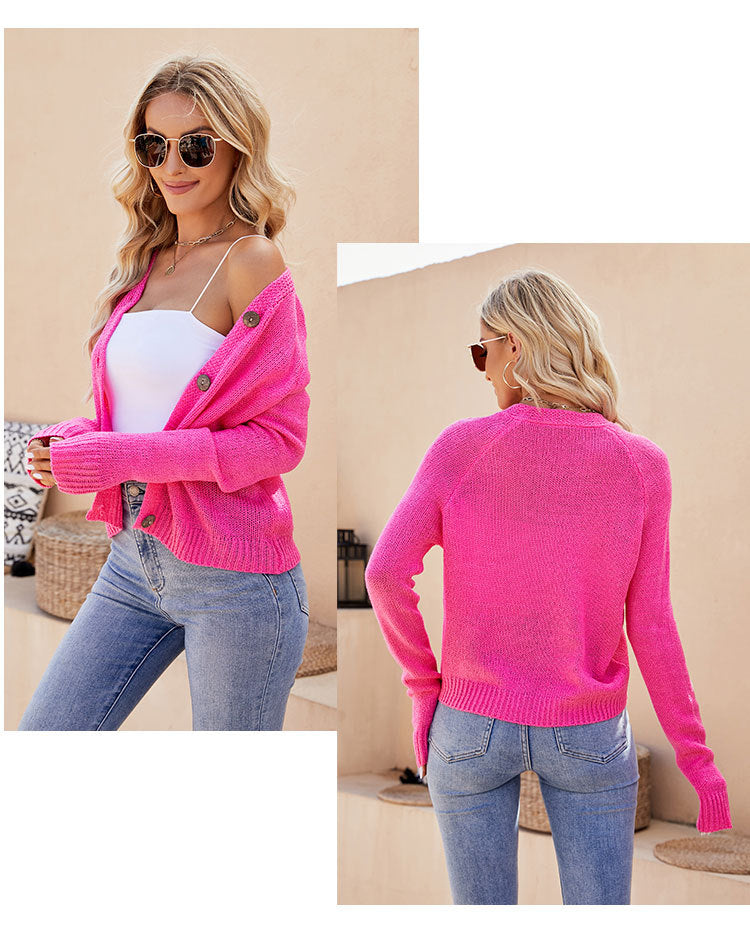 Foreign Trade 2024 Spring and Summer Women's Clothing European and American Casual Raglan Sleeve Knitted Thin Outwear Fluorescent Pink V Neck Knitted Cardigan