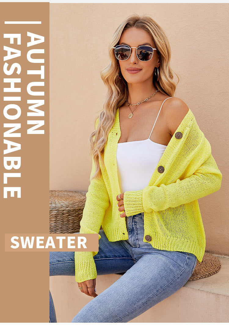 Foreign Trade 2024 Spring and Summer Women's Clothing European and American Casual Raglan Sleeve Knitted Thin Outwear Fluorescent Pink V Neck Knitted Cardigan