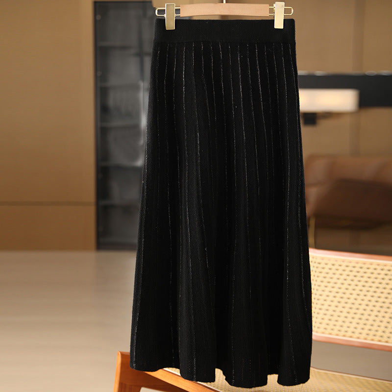25 Autumn/Winter 100% Pure Wool Knitted Shiny Silk Midi Skirt for Women High Waist Mid-Length Red Skirt Sparkling A-Line Umbrella Skirt