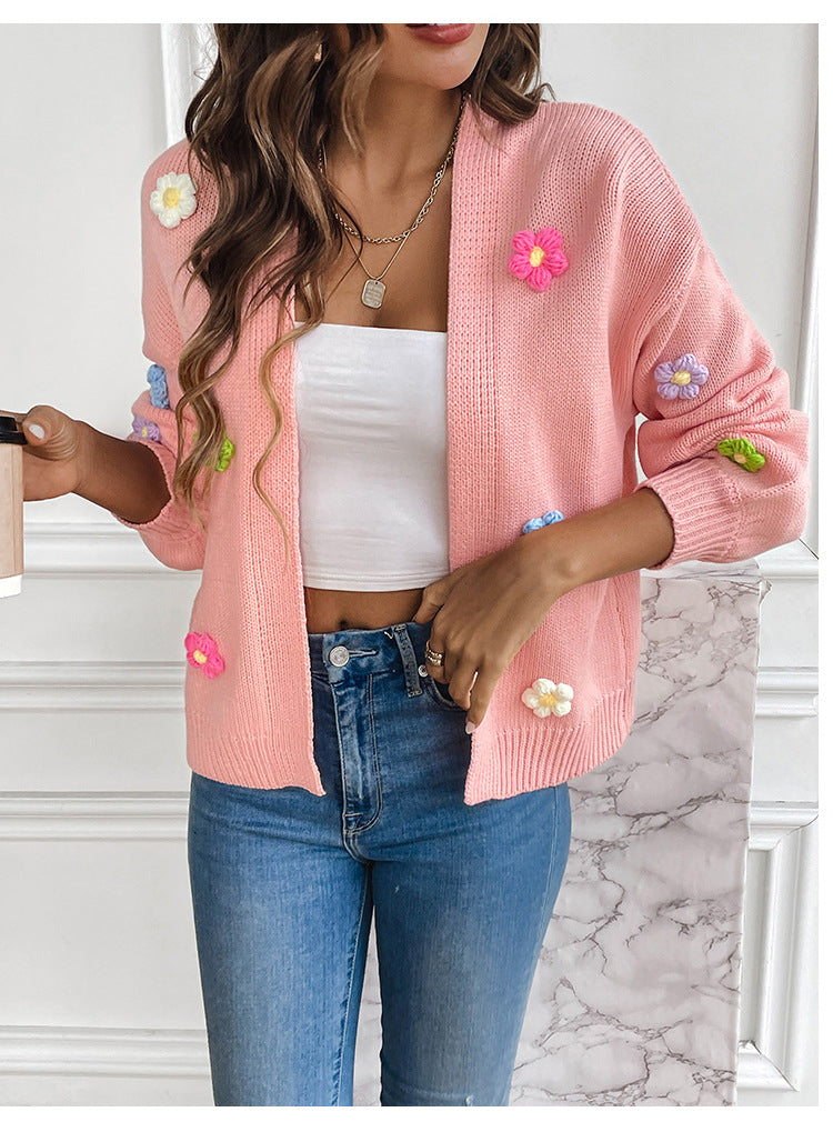 Foreign trade cross-border new hand hook flower sweet knitted cardigan sweater coat women's lazy casual loose sweater