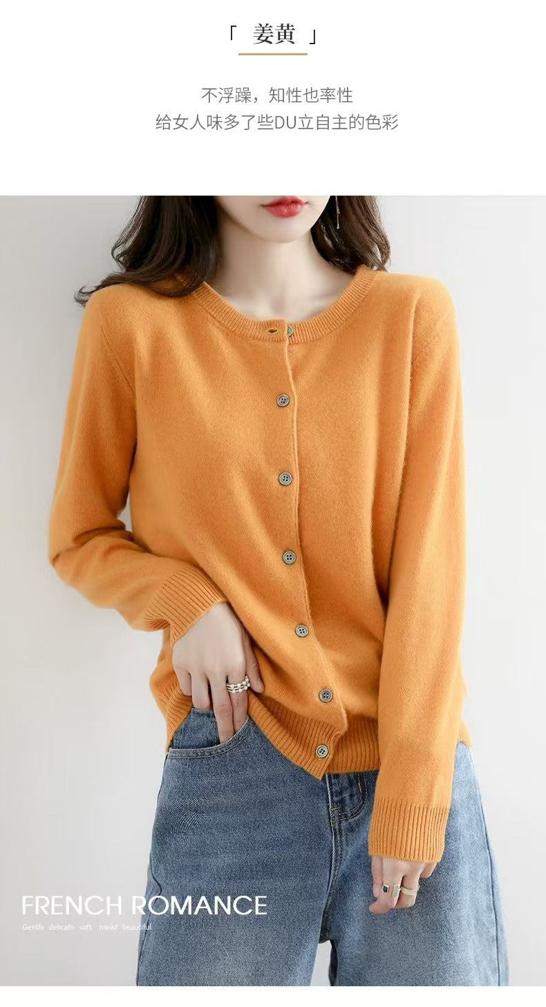 Autumn and Winter New Round Neck Knitted Cardigan Women's Loose Large Size Sweater Versatile Jacket Pure Color Bottoming Wool Jacket
