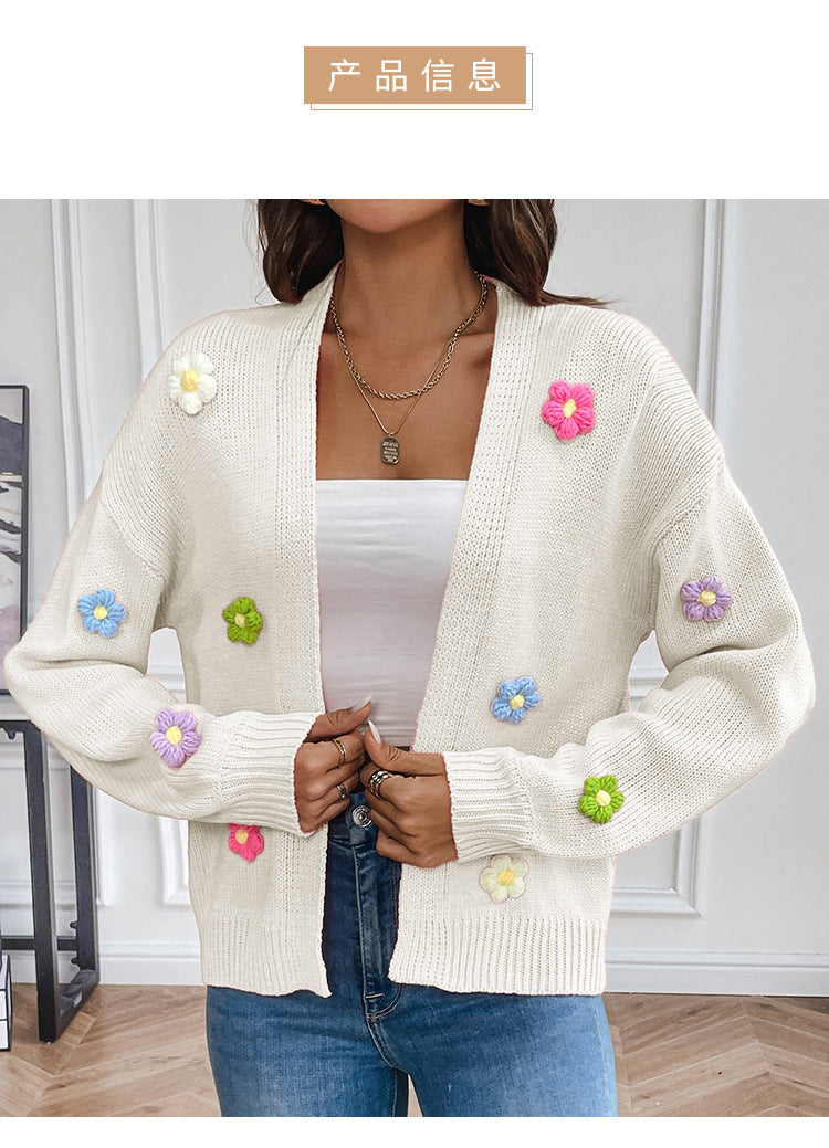 Foreign trade cross-border new hand hook flower sweet knitted cardigan sweater coat women's lazy casual loose sweater