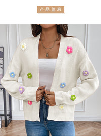 Foreign trade cross-border new hand hook flower sweet knitted cardigan sweater coat women's lazy casual loose sweater