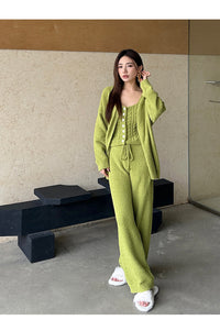 Three-Piece Set of Soft Pajamas for Women in Autumn and Winter, Twisted Rope Vest, Cardigan, Knitted, Can Be Worn Outside, Elegant Lady's Home Clothes