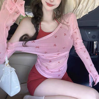 Fake Two-piece Bow Printed Shoulder Neck Long-sleeved T-shirt Thin Summer Sweet Spice Girl Blouse Design Top for Women