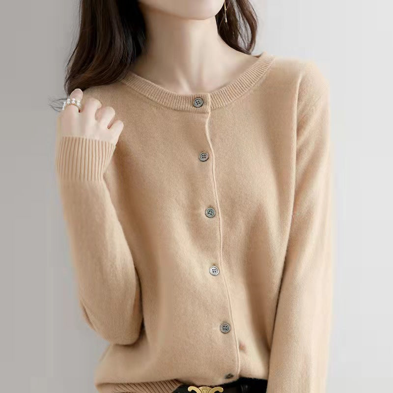 Autumn and Winter New Round Neck Knitted Cardigan Women's Loose Large Size Sweater Versatile Jacket Pure Color Bottoming Wool Jacket