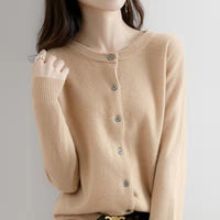 Autumn and Winter New Round Neck Knitted Cardigan Women's Loose Large Size Sweater Versatile Jacket Pure Color Bottoming Wool Jacket