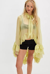 European and American women's fashion sexy perspective blouse top 2025 summer new horn sleeve design French lace