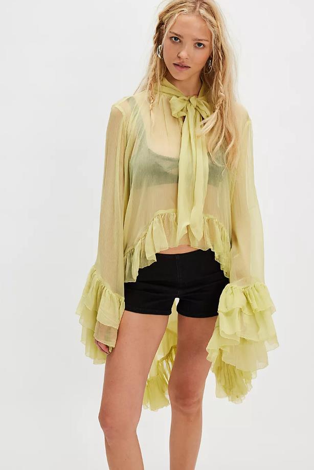 European and American women's fashion sexy perspective blouse top 2025 summer new horn sleeve design French lace