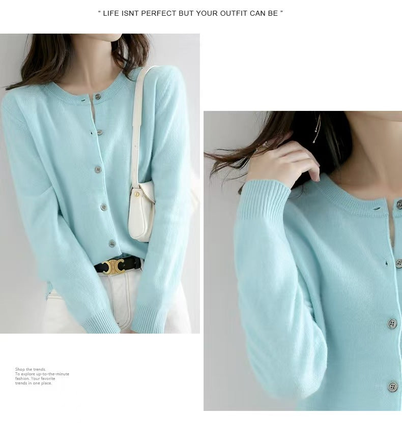 Autumn and Winter New Round Neck Knitted Cardigan Women's Loose Large Size Sweater Versatile Jacket Pure Color Bottoming Wool Jacket