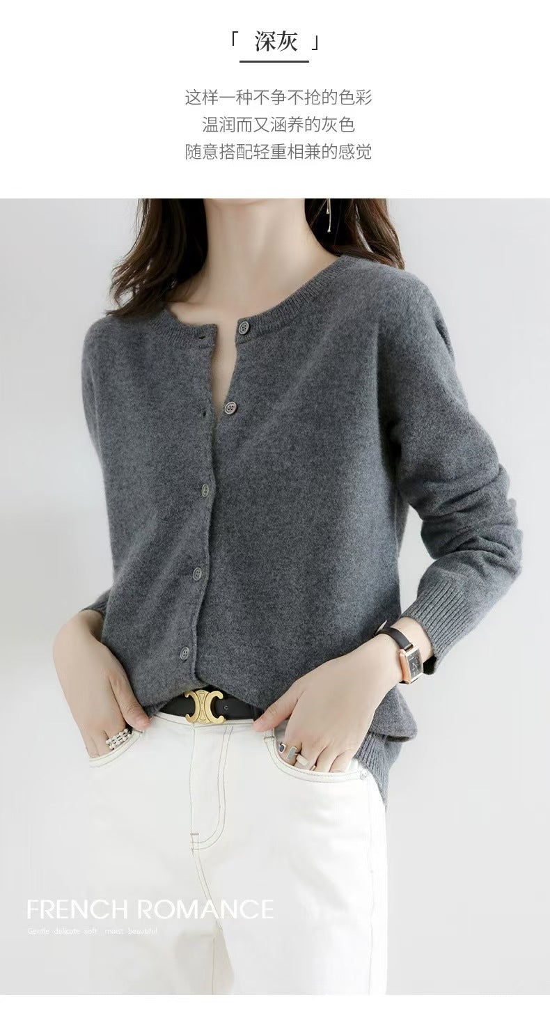Autumn and Winter New Round Neck Knitted Cardigan Women's Loose Large Size Sweater Versatile Jacket Pure Color Bottoming Wool Jacket