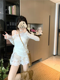 Light Green Off-Shoulder Long-Sleeved T-Shirt for Women Spring See-Through Thin Sun Protection Blouse Drawstring Slim Chic Versatile Top
