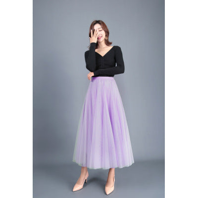New Long Veil Skirt Oversized Puff Mesh Skirt Women's Spring and Summer High Waist Slim-Fit Pleated A- Line Fairy Skirt