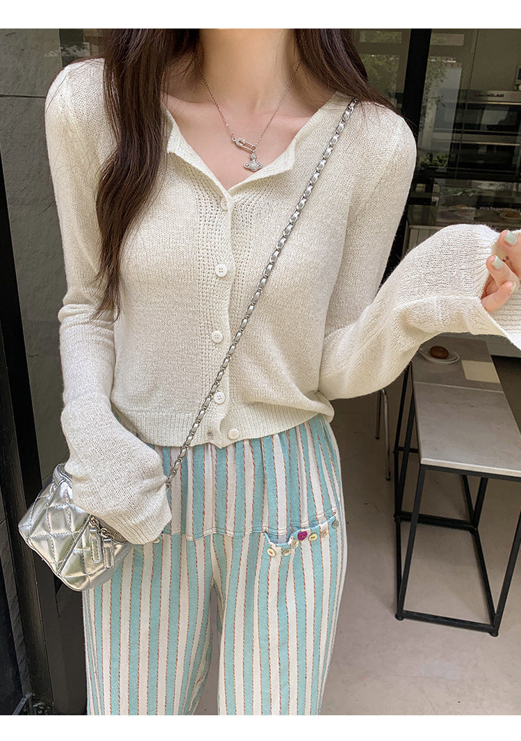 Dopamine Super Nice Long-Sleeved Knitted Cardigan for Women 2025 Summer New Style Petite Anti-Sun Blouse Slim Top