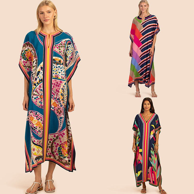 European and American New Positioning Printed Blouse Seaside Vacation Long Dress Loose Blouse Bikini Swimwear Long Gown Women